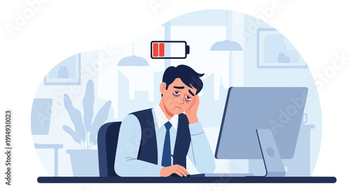 Modern flat vector illustration of employee with low battery icon above head, representing burnout, exhaustion, low energy, and mental health fatigue in workplace