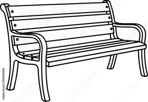 A black and white line drawing of an empty park bench with slatted seating