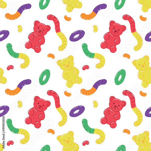 Colorful seamless pattern with gummy bears and jelly candies in bright playful colors. Flat vector illustration perfect for kids textiles, wrapping paper, party decor, packaging, stickers, backgrounds