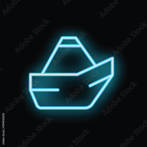Blue neon sign depicting a fishing boat, on a black background