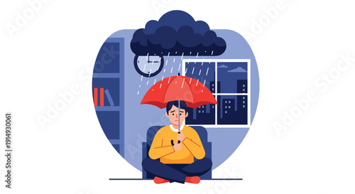 Modern flat vector illustration of person sitting alone indoors with rain cloud above head, representing depression, sadness, emotional pain, and mental health awareness