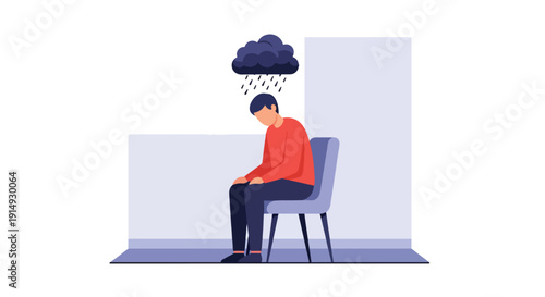 Modern flat vector illustration of person sitting alone indoors with rain cloud above head, representing depression, sadness, emotional pain, and mental health awareness