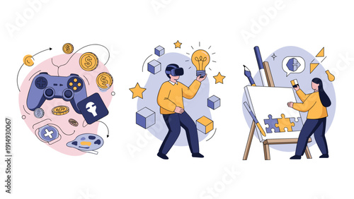 Creative hobbies and entertainment concepts featuring video gaming virtual reality experience and artistic painting.