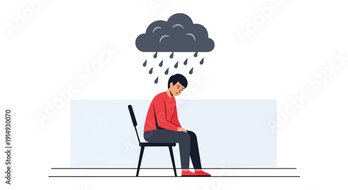 Modern flat vector illustration of person sitting alone indoors with rain cloud above head, representing depression, sadness, emotional pain, and mental health awareness