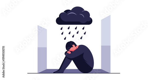 Modern flat vector illustration of person sitting alone indoors with rain cloud above head, representing depression, sadness, emotional pain, and mental health awareness