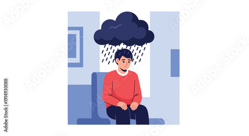 Modern flat vector illustration of person sitting alone indoors with rain cloud above head, representing depression, sadness, emotional pain, and mental health awareness