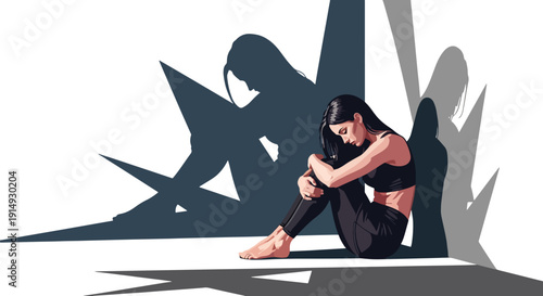 Modern flat vector illustration of woman hugging knees in corner with shadow shapes, representing anxiety, depression, fear, and emotional isolation concept