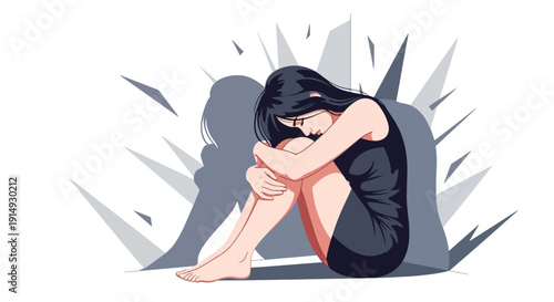 Modern flat vector illustration of woman hugging knees in corner with shadow shapes, representing anxiety, depression, fear, and emotional isolation concept