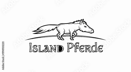 A black and white outline drawing of a horse with a flowing mane and tail