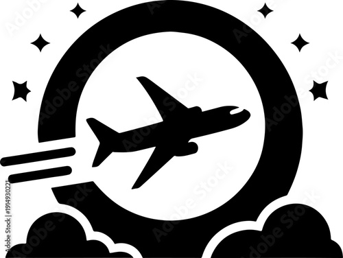 Airplane flying over clouds and moon in night sky