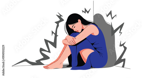Modern flat vector illustration of woman hugging knees in corner with shadow shapes, representing anxiety, depression, fear, and emotional isolation concept