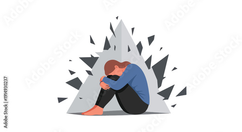 Modern flat vector illustration of woman hugging knees in corner with shadow shapes, representing anxiety, depression, fear, and emotional isolation concept