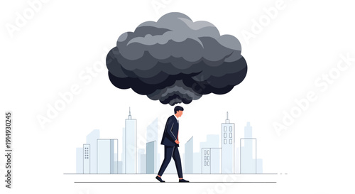 Modern flat vector illustration of person carrying heavy dark cloud above head while walking in city, representing emotional burden, stress, and depression concept
