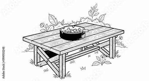 A black and white illustration of a wooden picnic table with an ashtray full of cigarette butts