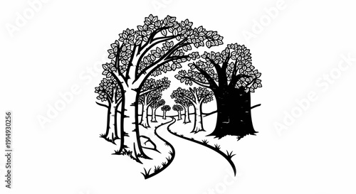 A black and white illustration of a winding path through a forest