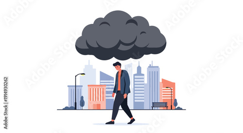 Modern flat vector illustration of person carrying heavy dark cloud above head while walking in city, representing emotional burden, stress, and depression concept