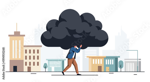 Modern flat vector illustration of person carrying heavy dark cloud above head while walking in city, representing emotional burden, stress, and depression concept