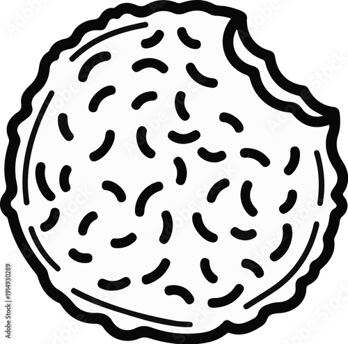 A black and white outline drawing of a round cookie with a bite taken out