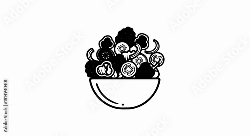 A black and white outline illustration of a bowl filled with fresh vegetables and sliced tomatoes