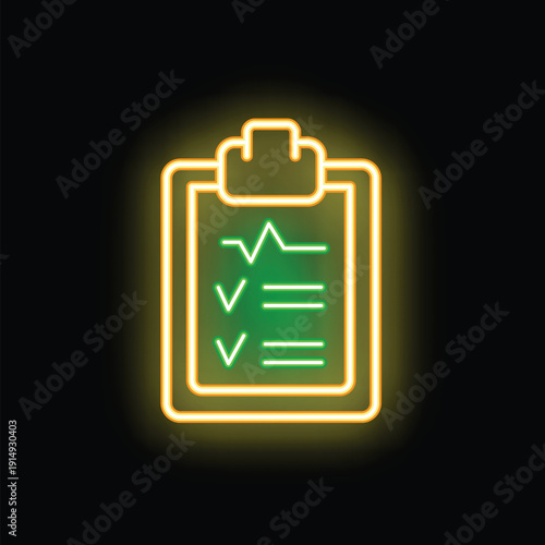 Neon sign showing a clipboard with a checklist, indicating completed tasks and progress