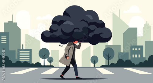 Modern flat vector illustration of person carrying heavy dark cloud above head while walking in city, representing emotional burden, stress, and depression concept