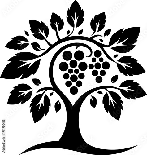 Artistic grapevine tree illustration with ripe bunches of grapes