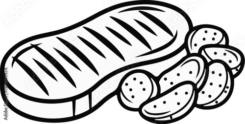 A black and white illustration of a grilled steak next to several potato wedges