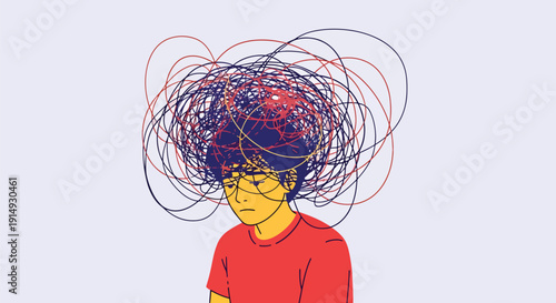 Modern flat vector illustration of person surrounded by tangled thoughts and scribbles representing overthinking, anxiety, and mental stress concept
