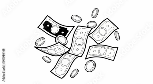 A black and white illustration of falling banknotes and coins against a white background