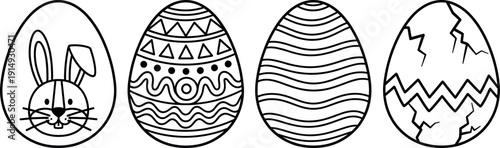 Set of decorative Easter eggs including bunny face and patterned designs in clean outline line art vector style