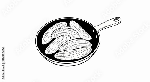A black and white illustration of several ripe bananas being cooked in a frying pan