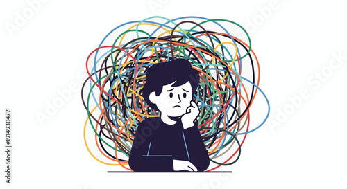 Modern flat vector illustration of person surrounded by tangled thoughts and scribbles representing overthinking, anxiety, and mental stress concept