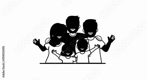 A black and white illustration of a happy family of five hugging and smiling