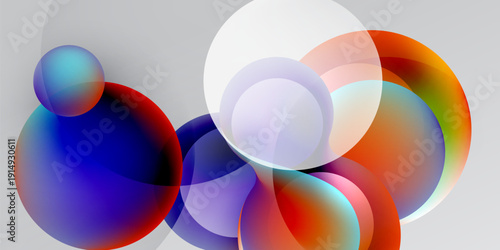 Abstract circles overlap, creating vibrant color gradients. Composition features cool blues, warm reds, plus white highlights against dark background.