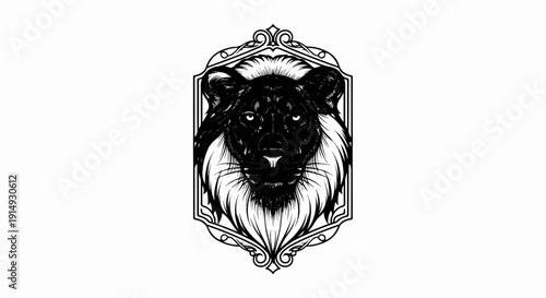 A black and white illustration of a lion's head inside a decorative frame