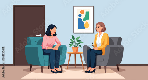 Modern flat vector illustration of therapist and client talking in counseling session, representing psychotherapy, emotional support, mental health treatment, and healing concept