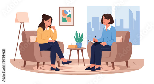 Modern flat vector illustration of therapist and client talking in counseling session, representing psychotherapy, emotional support, mental health treatment, and healing concept