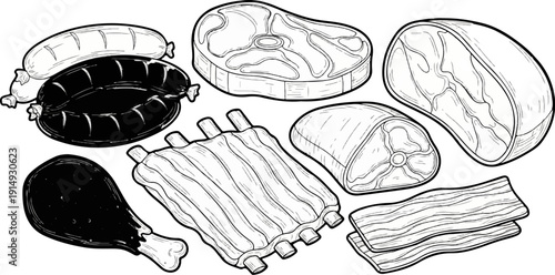 A black and white illustration of various uncooked meat cuts and sausages
