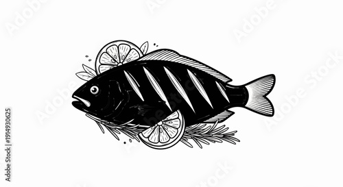 A black and white illustration of a grilled fish with lemon and herbs