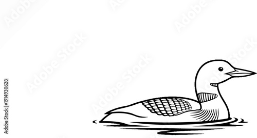 A black and white illustration of a loon swimming on water