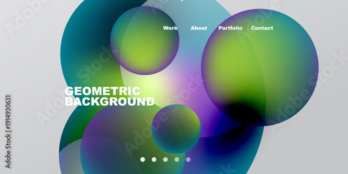 Abstract colorful shapes overlap. Text labels include work, about, portfolio, contact. Gradient background provides visual interest.