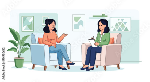 Modern flat vector illustration of therapist and client talking in counseling session, representing psychotherapy, emotional support, mental health treatment, and healing concept