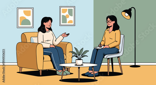 Modern flat vector illustration of therapist and client talking in counseling session, representing psychotherapy, emotional support, mental health treatment, and healing concept