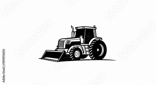 A black and white illustration of a front loader tractor with a shovel attachment.