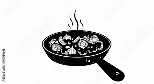 A black and white illustration of vegetables cooking in a frying pan with steam rising