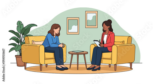 Modern flat vector illustration of therapist and client talking in counseling session, representing psychotherapy, emotional support, mental health treatment, and healing concept