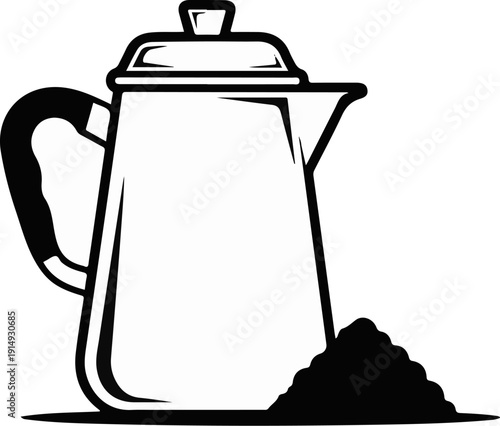 A black and white illustration of a metal pot with a handle and a pile of grounds