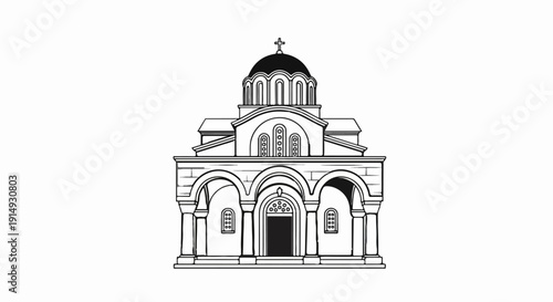 A black and white illustration of a domed religious building with arches and columns
