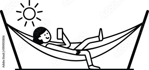 Relaxing Outdoor Lifestyle Outline Icon Set  Hammock, Smartphone, and Sunny Day Elements