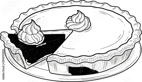A black and white illustration of a pie with a slice removed and whipped cream